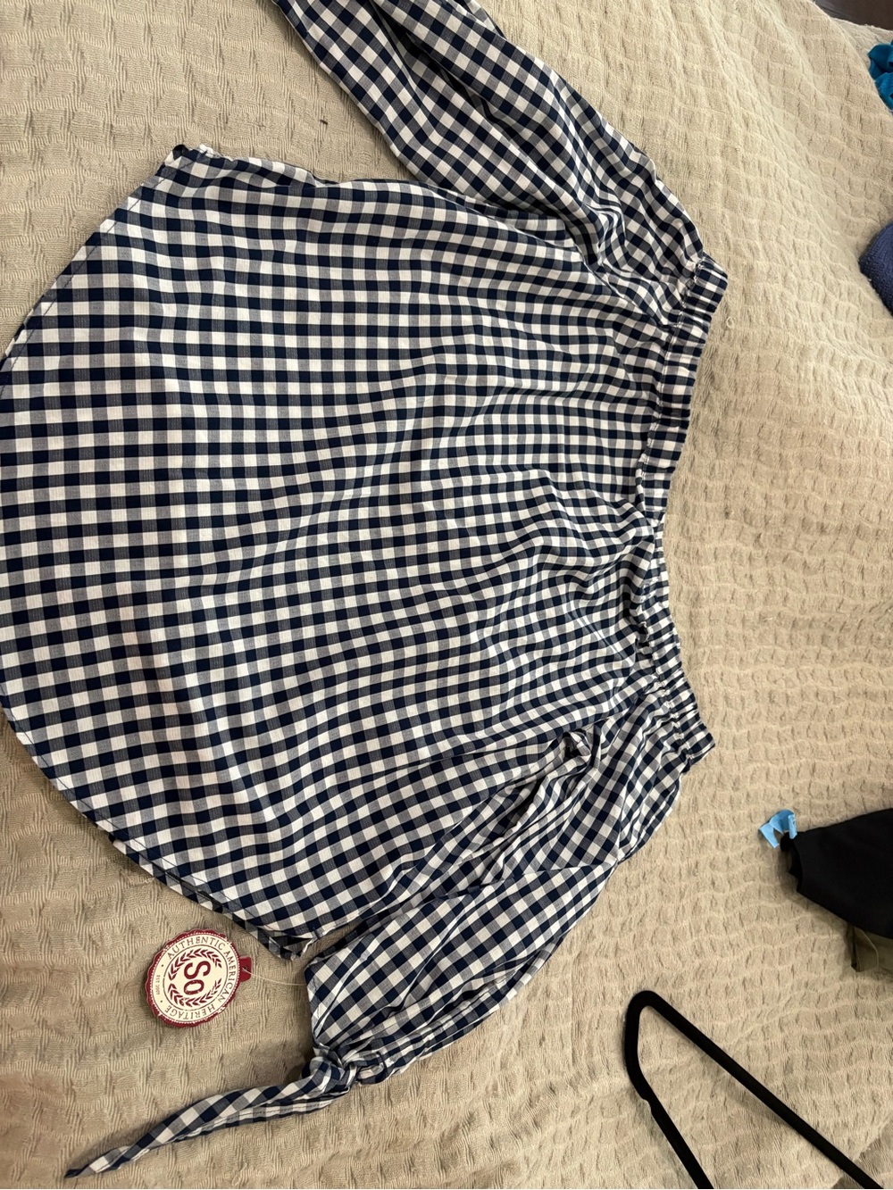 SO Navy and White Gingham Tie-Cuff Peasant Blouse